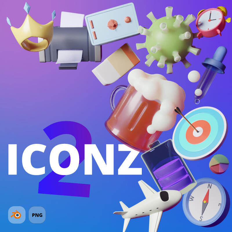 Various cartoon or stylized 3D icons for web, game, UI developers and designers