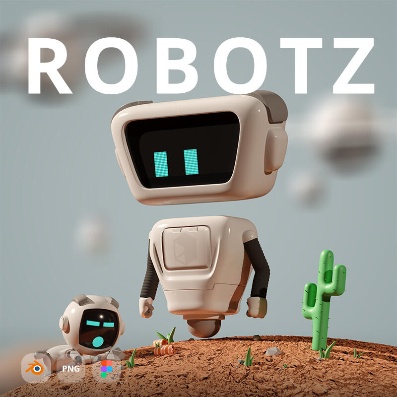 Free modular 3D cartoon robot with various heads, bodies, hands, and accessories. Blender, Figma, and PNG files are included.