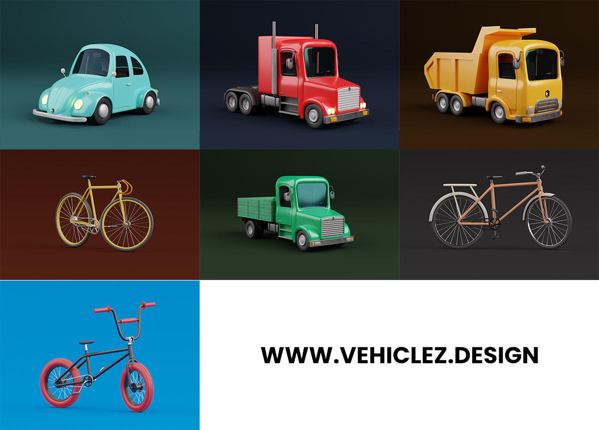 Showcase of 3D library of various 3D cartoon vehicles called VEHICLEZ